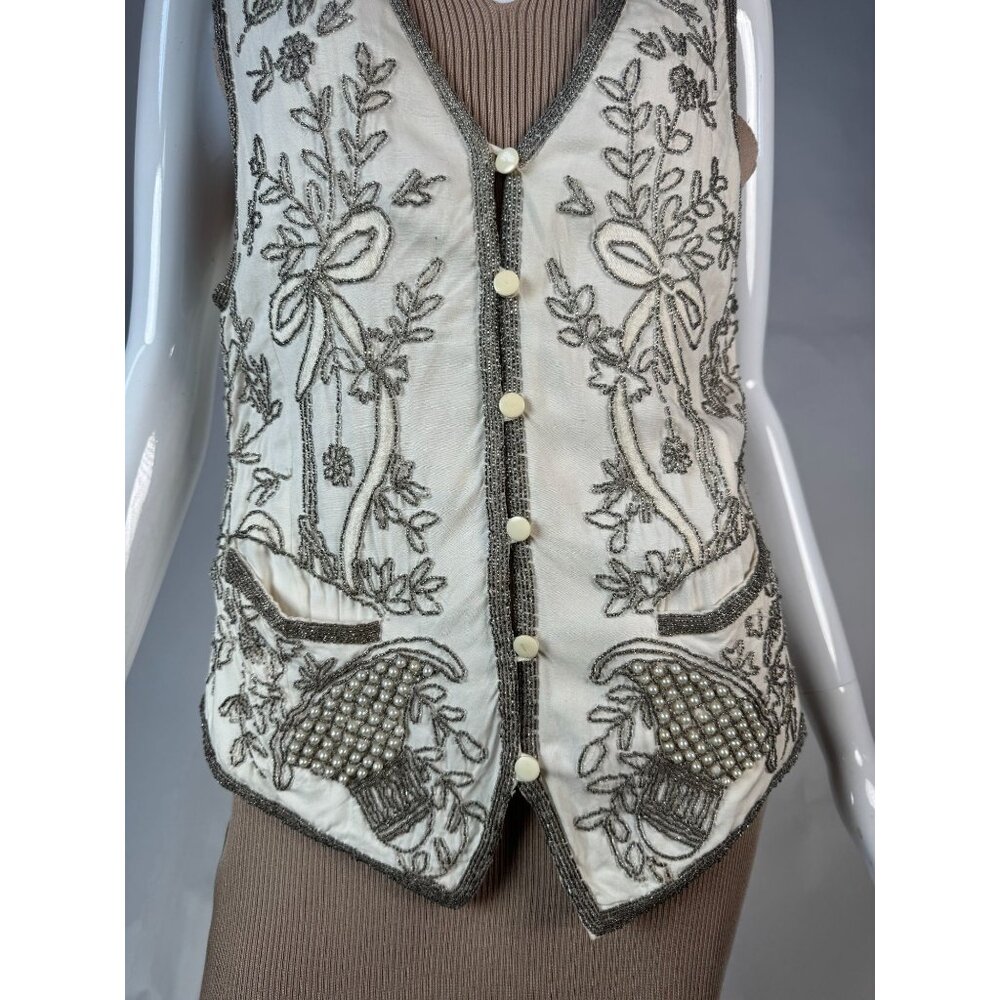Kenar Studio Beaded Handcrafted Rayon Vest With Floral Embroidery & Button Closu